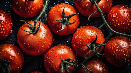 Fresh tomatoes with water drops on a black background. Top view.の素材