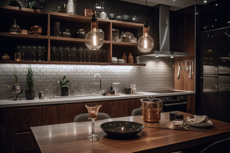 Interior of a modern kitchen with wooden countertop and glasswareの素材