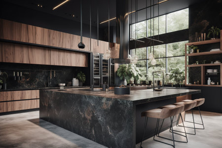 Interior of modern kitchen with black and wooden walls, concrete floor, gray countertops and bar with stools. 3d renderの素材