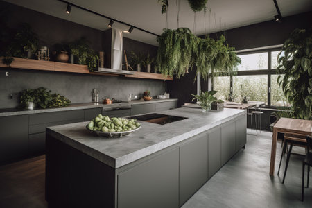 interior of modern kitchen with gray and black walls, wooden floor and gray countertopsの素材