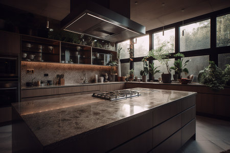 Modern kitchen interior design with black granite countertop. Nobody inside.の素材