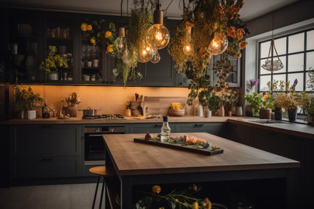 kitchen interior with flowers in vase and wooden table in modern apartmentの素材