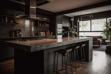 Interior of modern kitchen with black walls, wooden floor and dark wooden countertopの素材