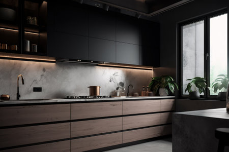 Interior of modern kitchen with black and white walls, concrete floor, gray countertops and wooden cupboards. 3d renderの素材