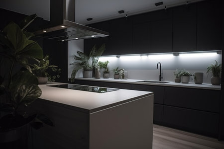 Interior of a modern kitchen with black and white furniture and plantsの素材