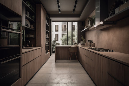 Interior of a modern kitchen with wooden countertop, built in bookshelvesの素材