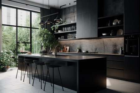 Interior of modern kitchen with black walls, concrete floor, black countertops and wooden cupboards. 3d renderの素材