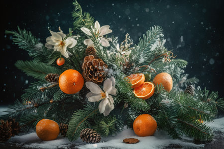 Christmas still life with tangerines, fir branches and snowflakes on dark backgroundの素材
