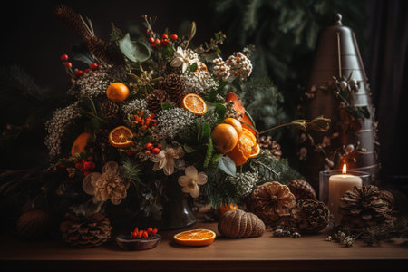 Christmas still life with tangerines, pine cones and branches on wooden tableの素材