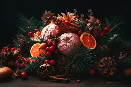 Christmas composition with fir branches, oranges and berries on a dark backgroundの素材