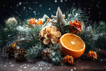 Christmas still life with oranges, pine branches and cones on wooden backgroundの素材