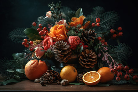 Christmas bouquet with oranges and berries on a dark background. Toned.の素材