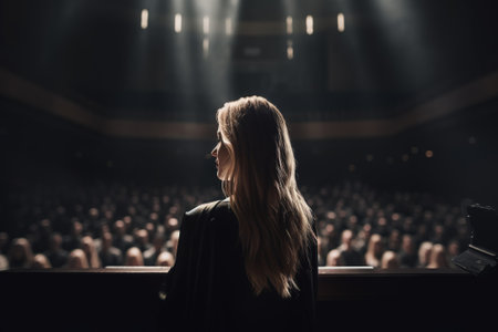 Young woman sitting in the auditorium and looking at the stage.の素材