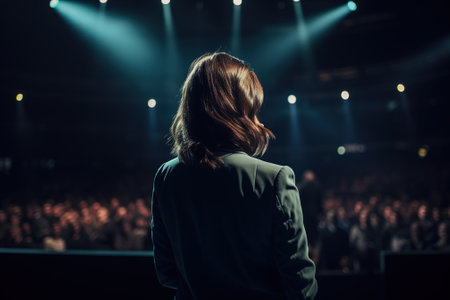 Rear view of businesswoman standing in front of audience during concertの素材