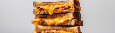 panoramic shot of tasty bacon and cheese sandwich isolated on greyの素材