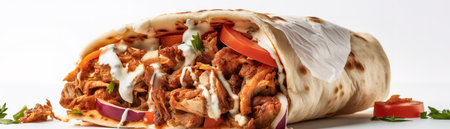 close-up view of delicious kebab in lavash isolated on whiteの素材