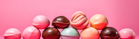 Colorful chocolate candies on pink background, panoramic shotの素材