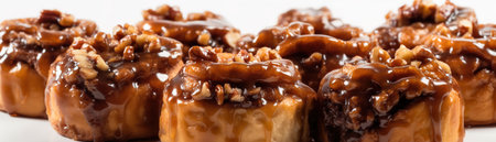 Homemade pecan rolls with caramel sauce and nuts on white backgroundの素材
