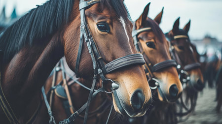 Horses in a row on the street, close-up.の素材