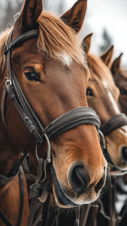 Horses in a harness in the winter forest. Close-upの素材