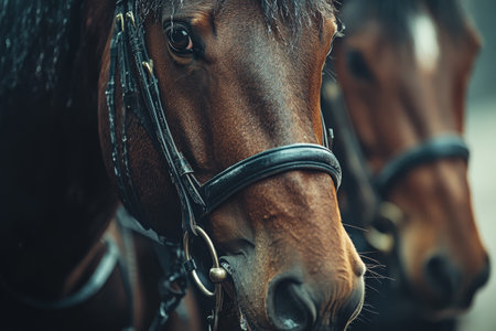 Close-up portrait of a bay horse in the bridle.の素材