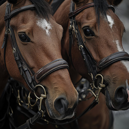Close up of two horses in harness. Portrait of two horses.の素材
