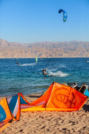 Eilat, Israel - October 15, 2017: kitesurfing in the Red Seaのeditorial素材