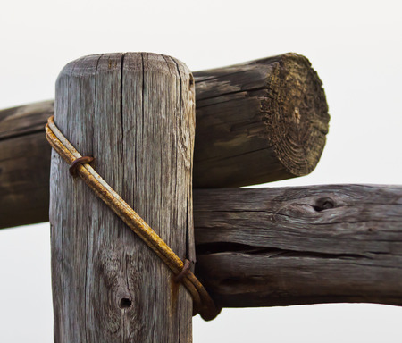 Old weathered wooden poles bound together with rusted wire against clear background symbolizing strength in unityの写真素材