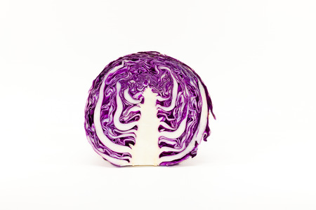 Red cabbage sectioned to show purple colored interior pattern on white background with copy spaceの写真素材