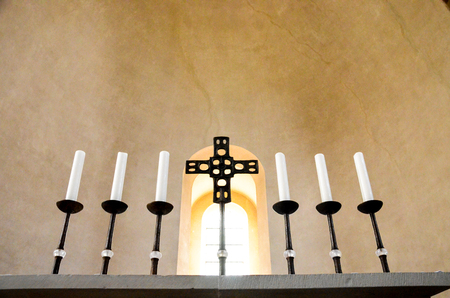 Candlesticks and cross in the old churchのeditorial素材