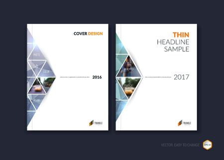 Abstract cover design, business brochure template layout, report, magazine or booklet in A4 with gray purple moving triangular geometric shapes on polygonal background. Vector Illustration.のイラスト素材