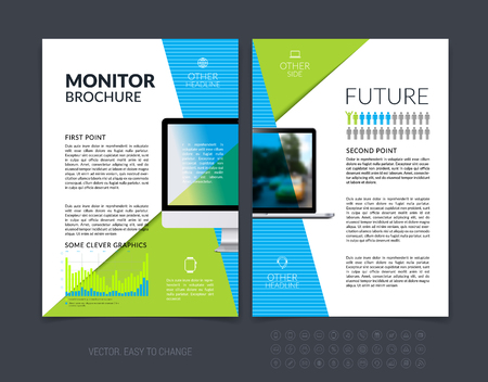 Business brochure template layout, abstract flyer design, cover report, magazine, booklet in A4 with blue green diagonal shapes with triangle, computer and infographics. Minimal vector.のイラスト素材