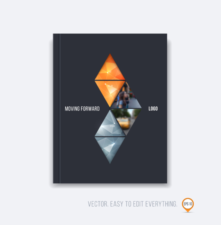 Brochure template layout, cover design, annual report, magazine, flyer or booklet in A4 with orange black triangular geometric arrow shape on polygonal background. Business vector Illustration.のイラスト素材