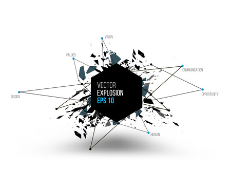 Abstract explosion cloud of black glass pieces on white background for design template with hexagon communication concept. Vector illustration.のイラスト素材