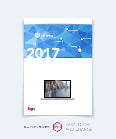 Brochure template layout, cover design annual report, magazine, flyer, leaflet in A4 with blue triangles for business, technology and science and polygonal background. Vector digital pixel mosaic.のイラスト素材