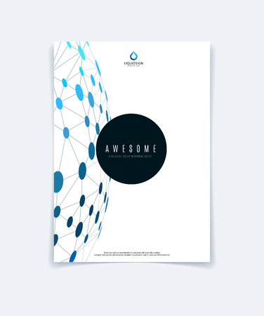 Brochure design, flyer, leaflet, with blue abstract molecule structure, genetic and chemical compounds. Cover template layout with science and connection concept or social network.のイラスト素材
