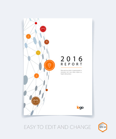 Brochure design, flyer, leaflet, with orange abstract molecule structure, genetic and chemical compounds. Cover template layout with science and connection concept or social network.のイラスト素材