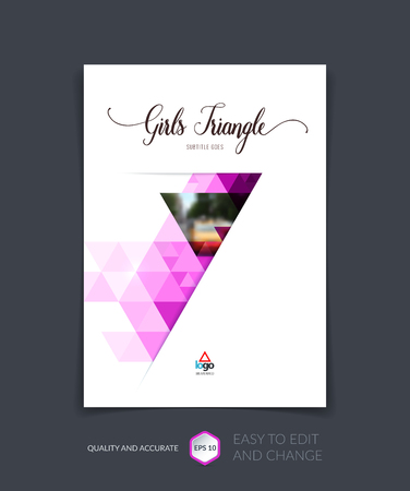 Brochure template layout, cover design annual report, magazine, flyer, leaflet in A4 with purple pink triangles for business, technology and science with overlay transparency effect. Vector.のイラスト素材