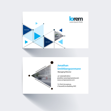Business card template with triangles and arrows for business and communication in flat style with grid connection concept. Minimal, simple and clean design. Creative corporate vector layout.のイラスト素材