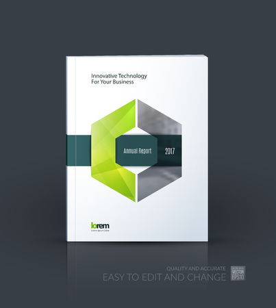 Brochure template layout, cover design annual report, magazine, flyer or leaflet in A4 with green hexagon with overlap effect for business with industrial and modern concept. Vector.のイラスト素材