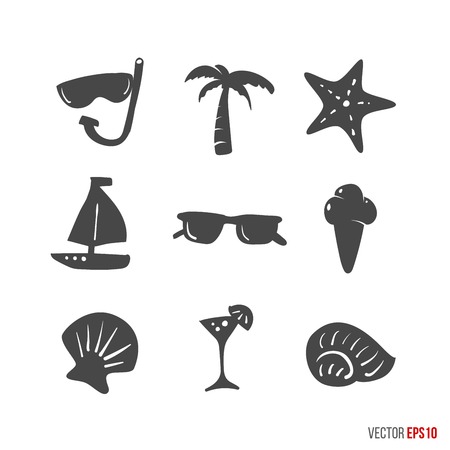 Summer time design icons elements in hand drawn style - sunglasses, starfish, shell, glass, palm, boat, ice cream, mask for swimming. Vector season illustration about relax, sea, ocean and vacation.のイラスト素材