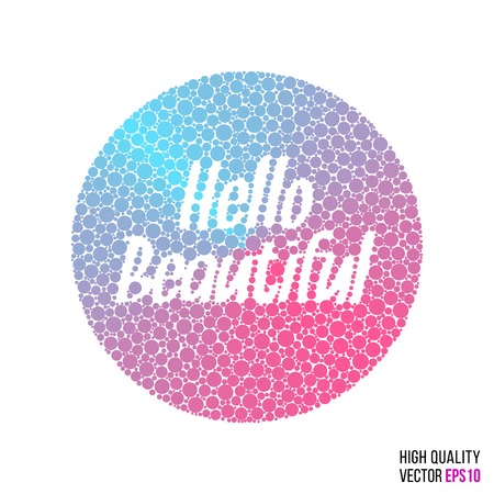 Hello beautiful design for greeting card template, website layout with splash, particles, explosion effect for party, beauty salon, festival and celebration concept. Pink, blue, purple circle vector.のイラスト素材