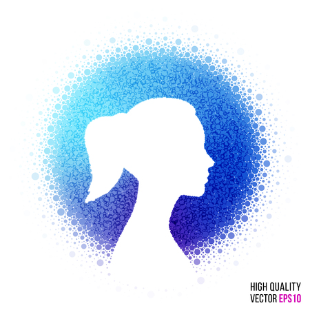 Female head silhouette design for greeting card template, woman magazine, web layout with splash, artistic effect for party, beauty salon, festival and celebration concept. Blue, purple vector.のイラスト素材