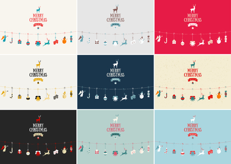 Merry Christmas decoration and card design. Happy New Year design elements. Vintage symbols of colourful deer, bell, snowflake, ribbon, bow, tree, snowman. Holiday hand drawn vector icons set.のイラスト素材