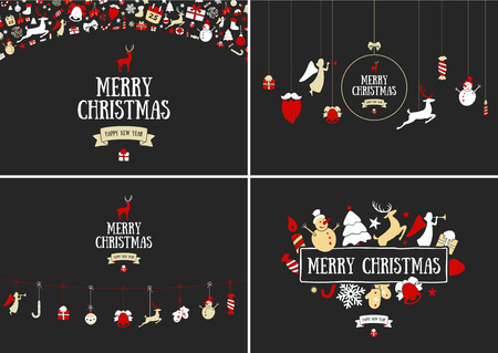 Merry Christmas decoration and card design. Happy New Year design elements. Vintage symbols of colourful deer, bell, snowflake, ribbon, bow, tree, snowman. Holiday hand drawn vector icons set.のイラスト素材