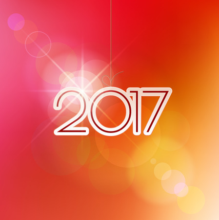 Happy New Year design elements. Merry Christmas decoration and card design. 2017 digits on red blurred mesh background with defocused light spots. Holiday vector abstract artwork.のイラスト素材
