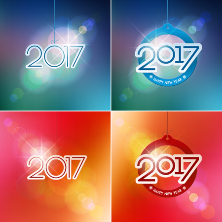 Happy New Year design elements. Merry Christmas decoration and card design. 2017 digits on blue red blurred mesh background with defocused light spots. Holiday vector abstract artwork set.のイラスト素材