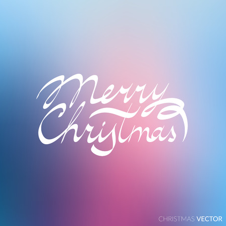 Merry Christmas lettering typography. Text design in handwriting style with ornament soft lines. Happy New Year greeting card decoration on blue blurred background for celebrating, festival. Vector.のイラスト素材