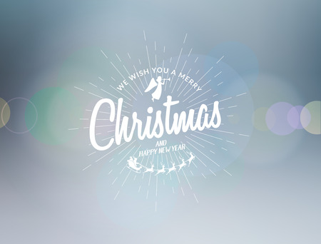 Merry Christmas lettering typography. Handwriting text design with winter holidays, light rays. Happy New Year greeting card decoration on grey background with blur lights. Abstract vector.のイラスト素材