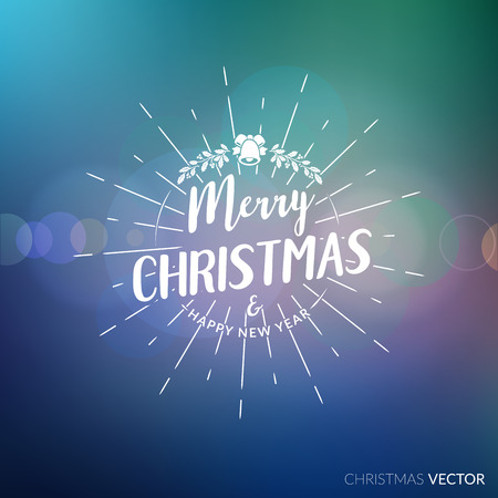 Merry Christmas lettering typography. Handwriting text design with winter holidays, light rays. Happy New Year greeting card decoration on blue background with blur lights. Abstract vector.のイラスト素材